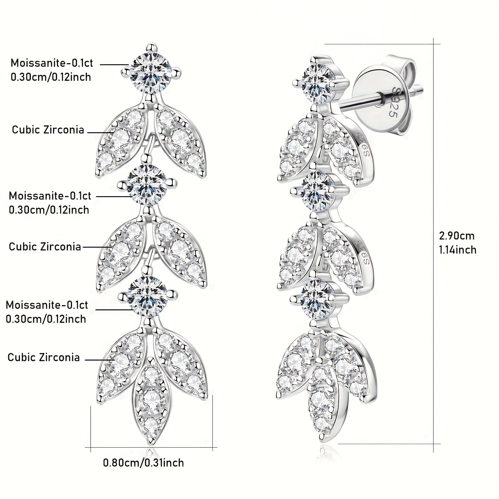 Para kolczyków z moissanitem wykonanych ze srebra 925, motyw liści