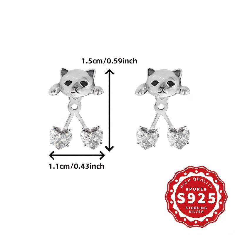 kolczyki ze srebra S925 z motywem kota i podwójnym sercem.